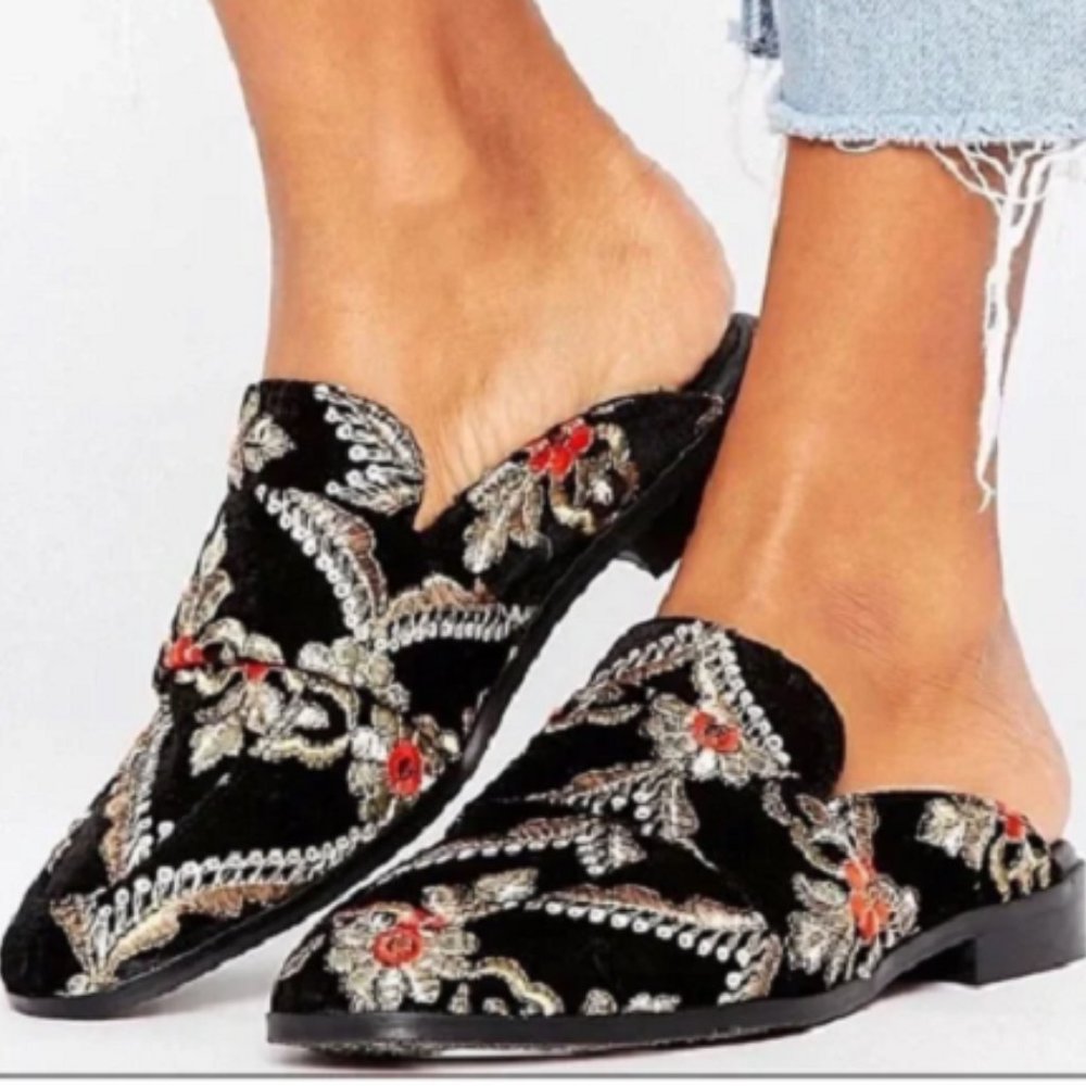Free People Women’s Mules Velvet Embroidery Loafers Shoes Slides Size 38